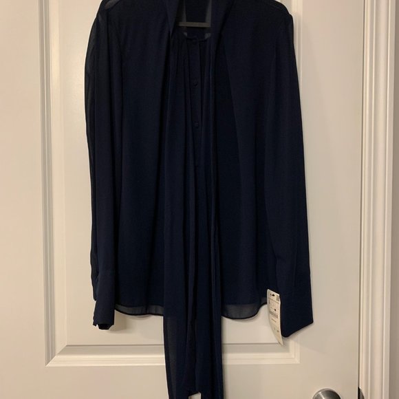 Zara Trafaluc Navy Blue Tie-Neck Sheer Button-up Long-Sleeve Blouse (US Size L) - Picture 2 of 9